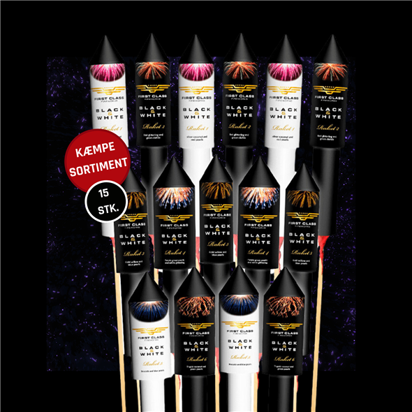 24.  Raketsortiment 15 stk – Nytårsraketter m/ sølvhaler